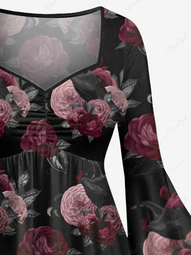 Gothic Plus Size Crow Bird Rose Flower Print Ruched High Low Asymmetric Dress