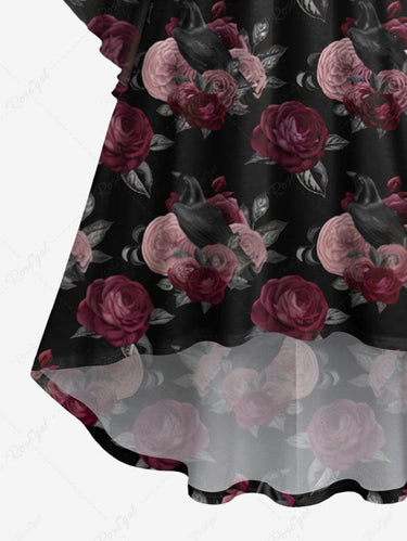Gothic Plus Size Crow Bird Rose Flower Print Ruched High Low Asymmetric Dress