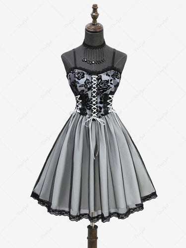 Gothic Rose Flower Flocking Tie Dye Lace Trim Lace-up A Line Cami Dress(Adjustable Shoulder Strap)