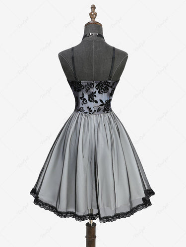 Gothic Rose Flower Flocking Tie Dye Lace Trim Lace-up A Line Cami Dress(Adjustable Shoulder Strap)