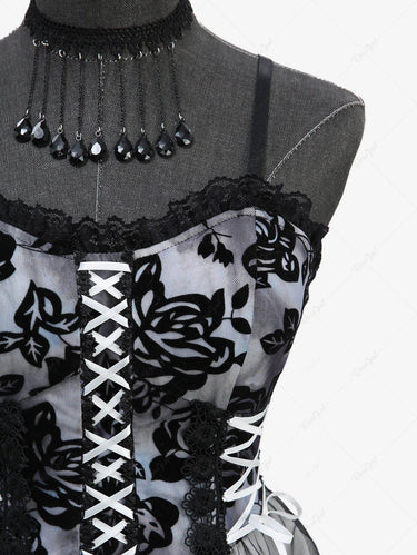 Gothic Rose Flower Flocking Tie Dye Lace Trim Lace-up A Line Cami Dress(Adjustable Shoulder Strap)