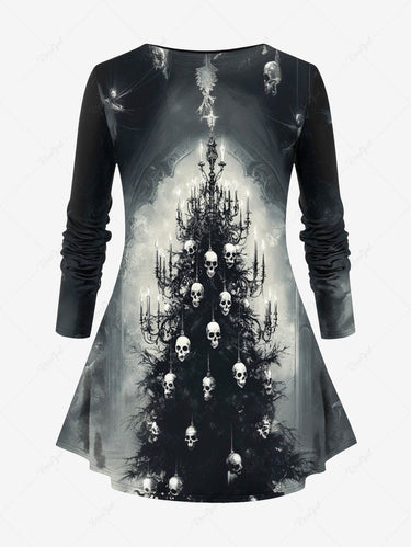 Gothic Plus Size Distressed Skull Christmas Tree Print Long Sleeves T-shirt