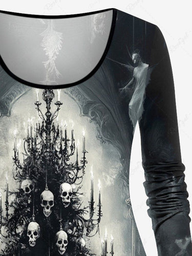 Gothic Plus Size Distressed Skull Christmas Tree Print Long Sleeves T-shirt
