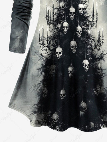 Gothic Plus Size Distressed Skull Christmas Tree Print Long Sleeves T-shirt