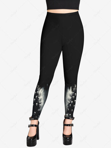Gothic Plus Size Distressed Skull Christmas Tree Print Leggings