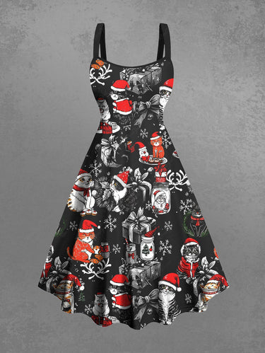 Gothic Plus Size Christmas Hat Elk Gift Santa Claus Cat Snowflake Print A Line Tank Dress
