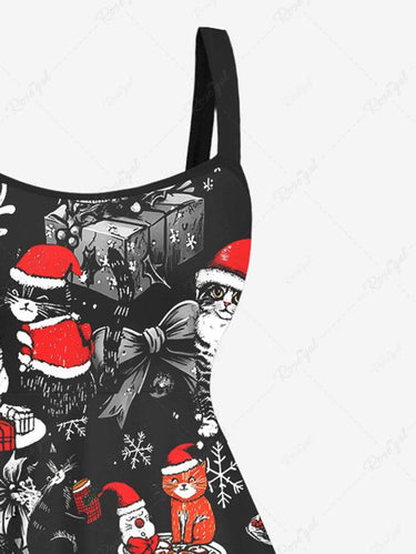 Gothic Plus Size Christmas Hat Elk Gift Santa Claus Cat Snowflake Print A Line Tank Dress