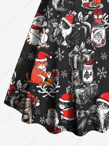 Gothic Plus Size Christmas Hat Elk Gift Santa Claus Cat Snowflake Print A Line Tank Dress
