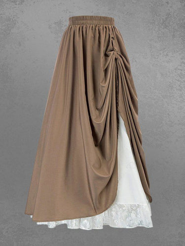 Gothic Victorian Renaissance Floral Lace Trim Roll Tab Ruched Layered Two Tone A Line Skirt