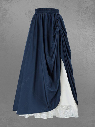 Gothic Victorian Renaissance Floral Lace Trim Roll Tab Ruched Layered Two Tone A Line Skirt