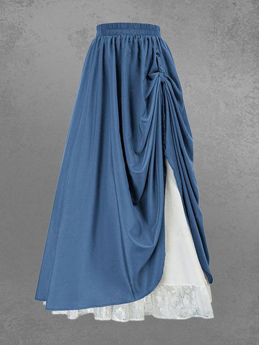 Gothic Victorian Renaissance Floral Lace Trim Roll Tab Ruched Layered Two Tone A Line Skirt