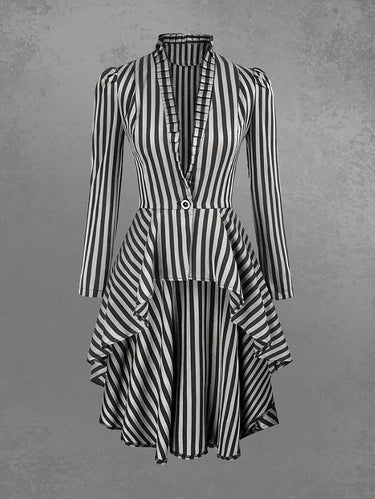 Gothic Striped Print Button Lace Up Back High Low Asymmetric Long Sleeves Dress