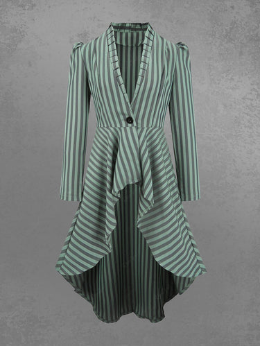 Gothic Striped Print Button Lace Up Back High Low Asymmetric Long Sleeves Dress