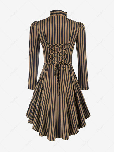 Gothic Striped Print Button Lace Up Back High Low Asymmetric Long Sleeves Dress
