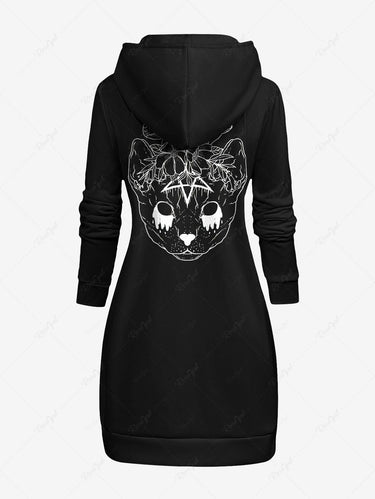 Gothic Plus Size Cat Mushroom Print Pocket Drawstring Pullover Long Sleeves Hoodie
