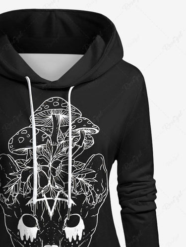 Gothic Plus Size Cat Mushroom Print Pocket Drawstring Pullover Long Sleeves Hoodie