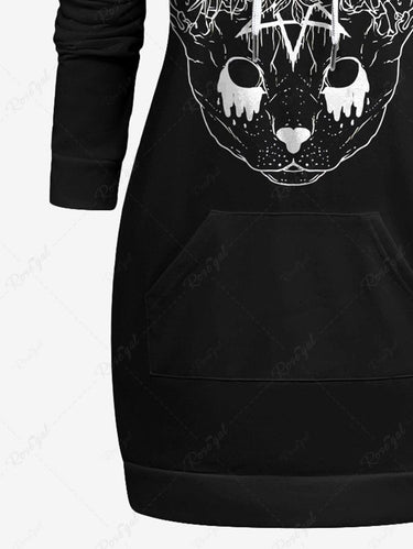 Gothic Plus Size Cat Mushroom Print Pocket Drawstring Pullover Long Sleeves Hoodie