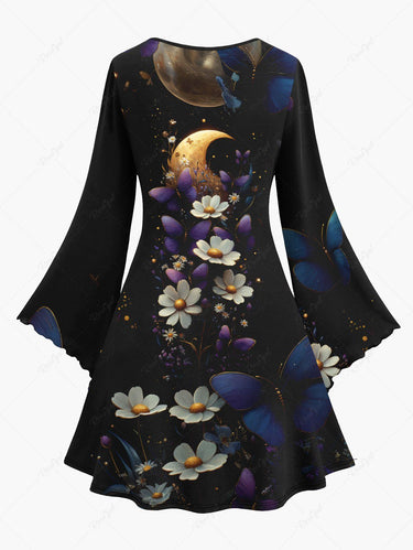 Gothic Plus Size Floral Butterfly Moon Print Flare Sleeves A Line Dress
