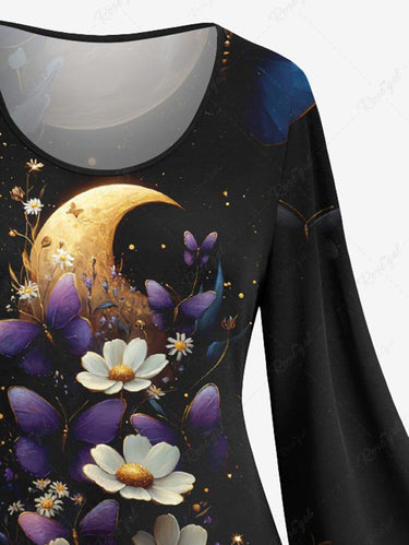 Gothic Plus Size Floral Butterfly Moon Print Flare Sleeves A Line Dress