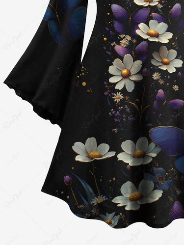 Gothic Plus Size Floral Butterfly Moon Print Flare Sleeves A Line Dress