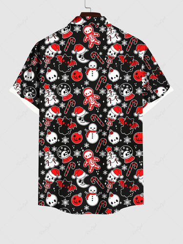 Gothic Plus Size Christmas Tree Snowflake Snowman Skull Skeleton Gingerbread Candy Print Button Pocket Shirt For Men