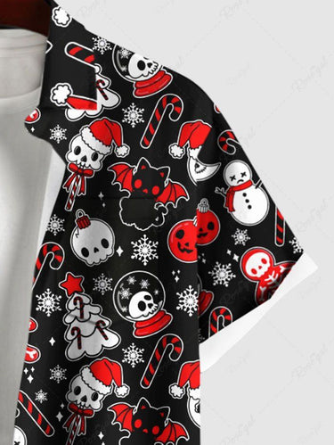 Gothic Plus Size Christmas Tree Snowflake Snowman Skull Skeleton Gingerbread Candy Print Button Pocket Shirt For Men
