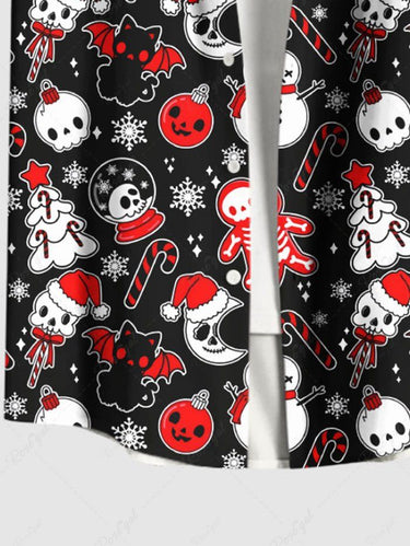 Gothic Plus Size Christmas Tree Snowflake Snowman Skull Skeleton Gingerbread Candy Print Button Pocket Shirt For Men