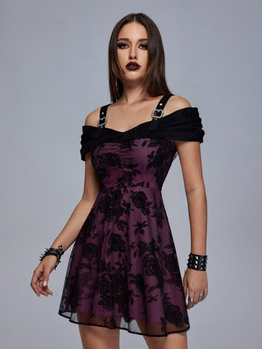 Gothic Cold Shoulder Rose Flower Leaf Flocking Ruched Buckle Grommet A Line Dress