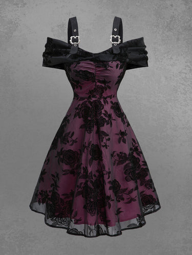 Gothic Cold Shoulder Rose Flower Leaf Flocking Ruched Buckle Grommet A Line Dress