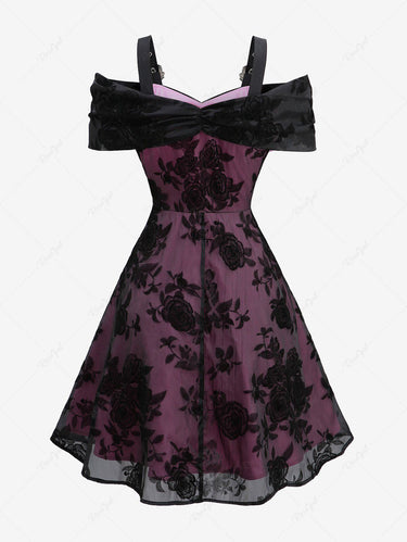 Gothic Cold Shoulder Rose Flower Leaf Flocking Ruched Buckle Grommet A Line Dress