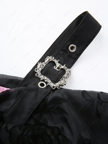 Gothic Cold Shoulder Rose Flower Leaf Flocking Ruched Buckle Grommet A Line Dress