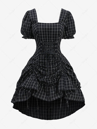 Gothic 100% Cotton Puff Sleeves Plaid Printed Cinched Lace Up Ruffles High Low Asymmetric Textured A Line Dress