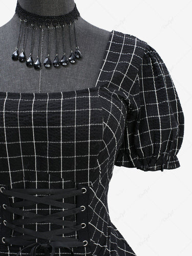 Gothic 100% Cotton Puff Sleeves Plaid Printed Cinched Lace Up Ruffles High Low Asymmetric Textured A Line Dress