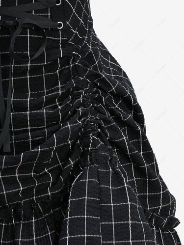 Gothic 100% Cotton Puff Sleeves Plaid Printed Cinched Lace Up Ruffles High Low Asymmetric Textured A Line Dress
