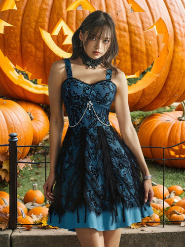 Gothic Floral Lace Overlay Cross Chain Layered Ruffles A Line Tank Dress