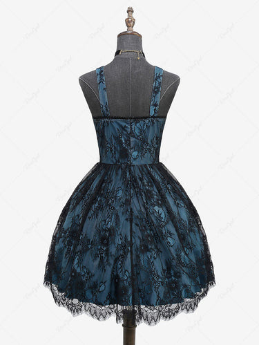 Gothic Floral Lace Overlay Cross Chain Layered Ruffles A Line Tank Dress