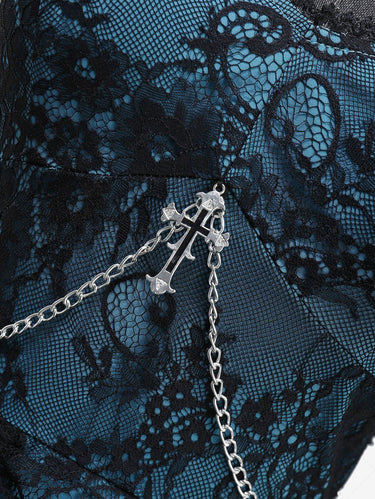 Gothic Floral Lace Overlay Cross Chain Layered Ruffles A Line Tank Dress