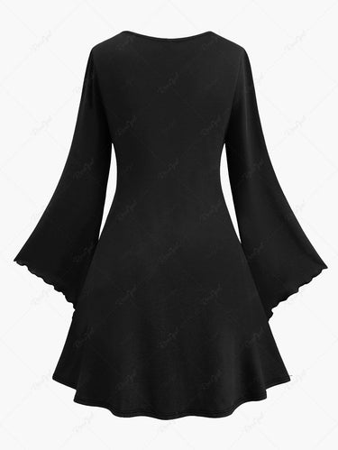 Gothic Plus Size Distressed Butterfly Print Flare Sleeves A Line Dress