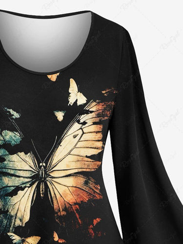 Gothic Plus Size Distressed Butterfly Print Flare Sleeves A Line Dress