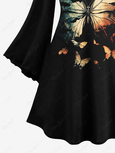 Gothic Plus Size Distressed Butterfly Print Flare Sleeves A Line Dress