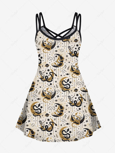 Gothic Plus Size Snake Moon Cloud Floral Print Crisscross A Line Cami Dress