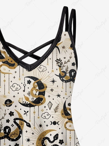 Gothic Plus Size Snake Moon Cloud Floral Print Crisscross A Line Cami Dress
