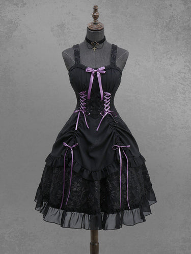 Gothic Daisy Flower Jacquard Bowknot Cinched Lace Up Ruffles Chiffon Trim Patchwork A Line Tank Dress