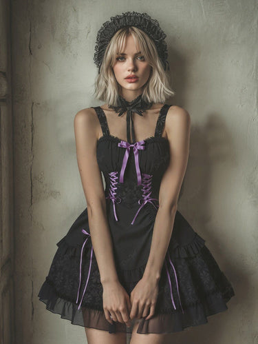 Gothic Daisy Flower Jacquard Bowknot Cinched Lace Up Ruffles Chiffon Trim Patchwork A Line Tank Dress