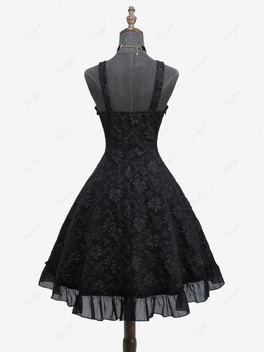Gothic Daisy Flower Jacquard Bowknot Cinched Lace Up Ruffles Chiffon Trim Patchwork A Line Tank Dress