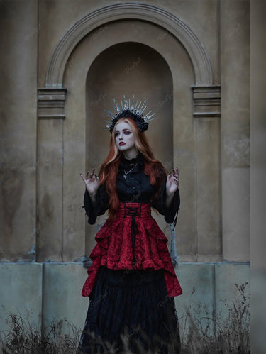 Gothic Crinkle Textured Patchwork Lace Up Ruffles High Low Midi Skirt