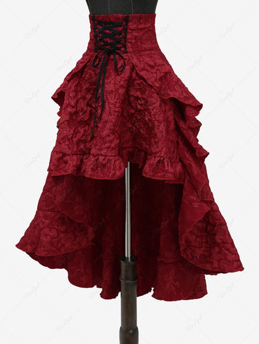 Gothic Crinkle Textured Patchwork Lace Up Ruffles High Low Midi Skirt