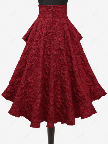 Gothic Crinkle Textured Patchwork Lace Up Ruffles High Low Midi Skirt