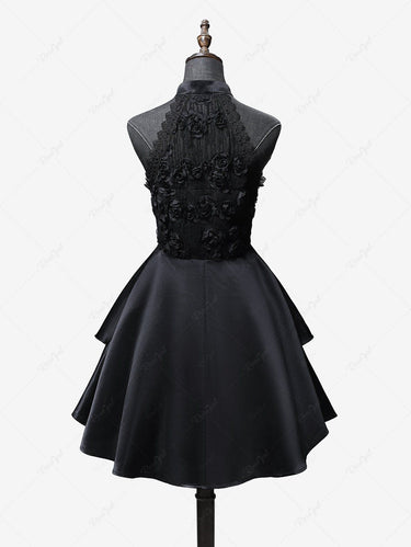 Gothic Rose Flower Applique Lace Jacquard Zipper Ruffles Layered A Line Dress(3 Days Delivery)