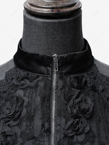 Gothic Rose Flower Applique Lace Jacquard Zipper Ruffles Layered A Line Dress(3 Days Delivery)